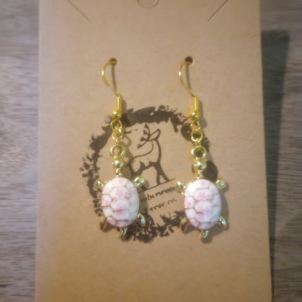 Gold and Pink Turtle Earrings